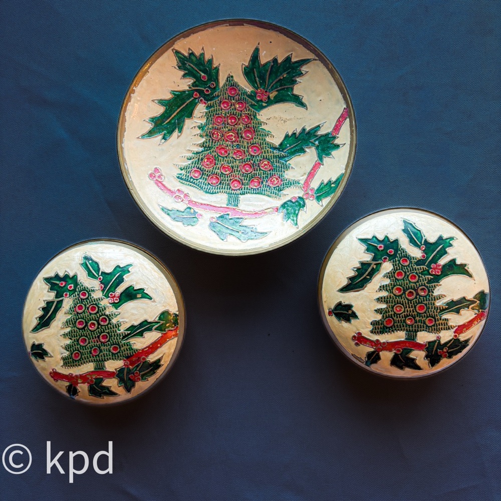 Brass Christmas Trio – Hand-Painted Holiday Tins + Pedestal Dish